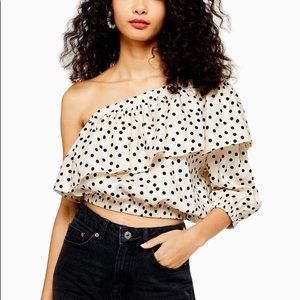 Topshop One Shoulder Polka Dot Top with Ruffle